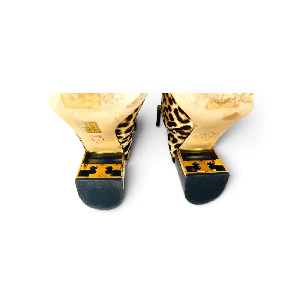 Tory Burch Gigi Leopard Pony Hair Ankle Booties Gold Logo Block Heel Size 8.5